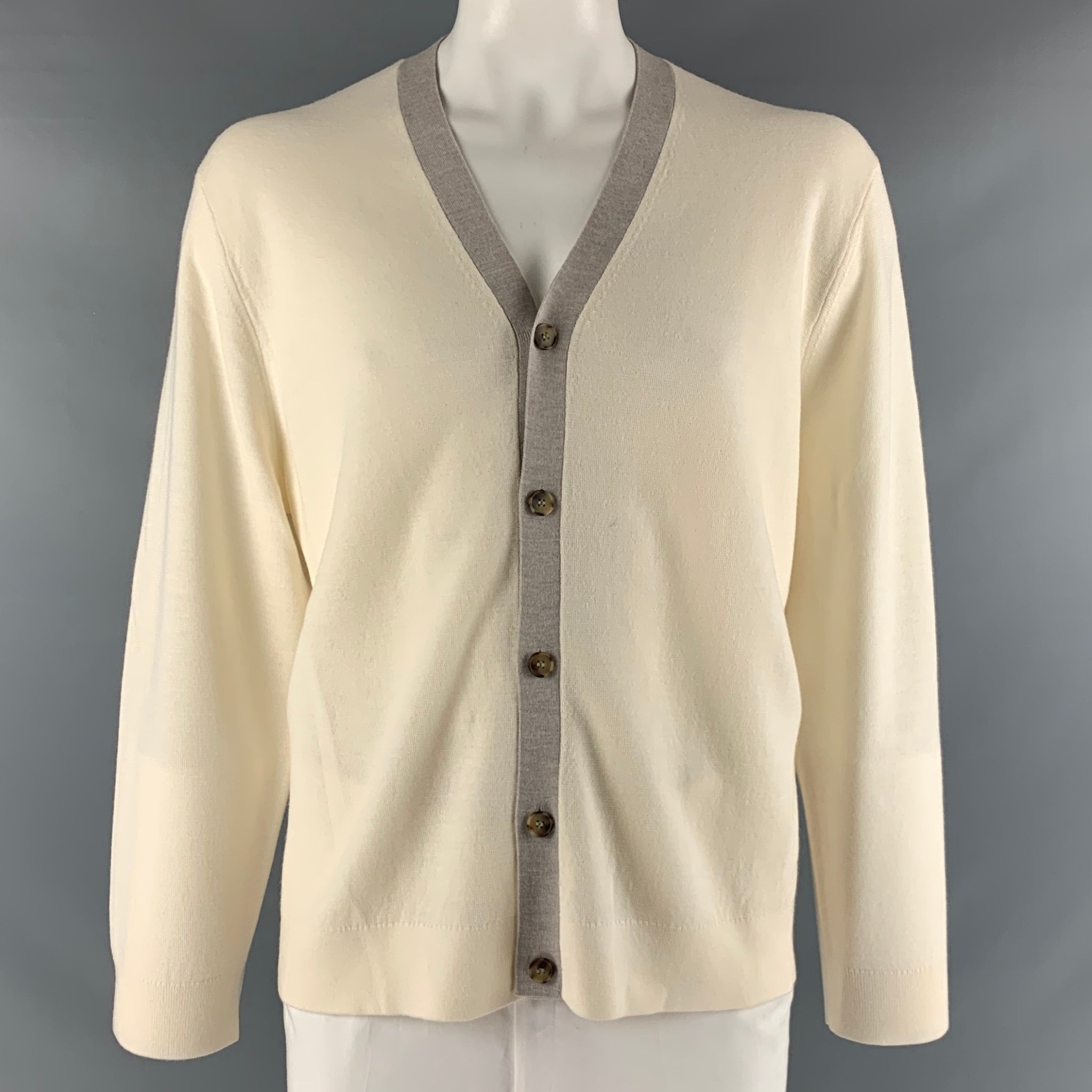 THEORY Size XXL Cream Taupe Merino Wool Blend V Neck Cardigan