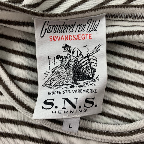 S.N.S HERNING Size L White & Olive Stripe Wool Blend Crew-Neck Pullover