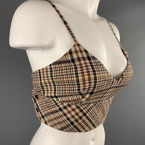 DEVEAUX New York Size 8 Beige & Burgundy Plaid Cotton Shell Bralette Top