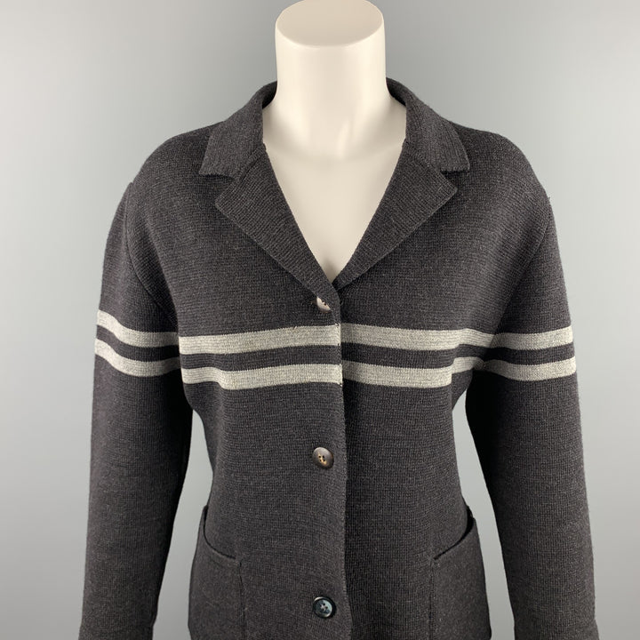 GIULIANO FUJIWARA Taille L Veste boutonnée en laine à rayures tricotées grises