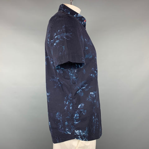 PS by PAUL SMITH Size L Navy & Blue Print Cotton Button Down Short Sleeve Shirt