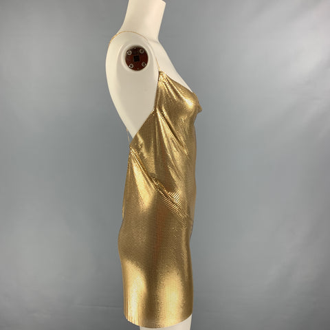 FANNIE SCHIAVONI Vestido de cóctel con tirantes finos de malla en oro de 18 quilates talla S
