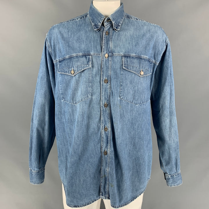 Vintage VERSACE JEANS COUTURE Size XL Blue Wash Denim Patch Pockets Long Sleeve Shirt