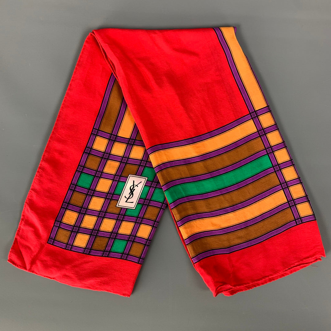 Vintage YVES SAINT LAURENT Red Multi-Color Print Silk Scarf