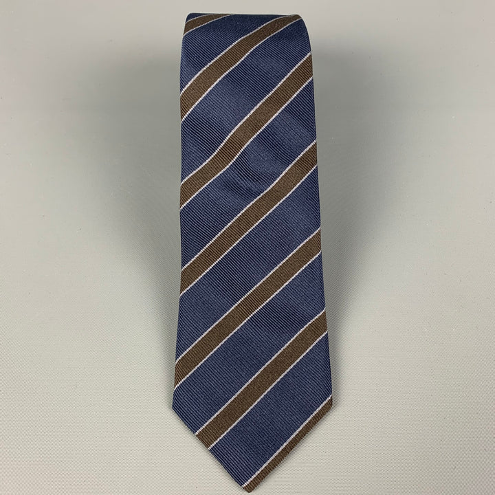 BRUNELLO CUCINELLI Navy Brown Diagonal Stripe Silk Tie