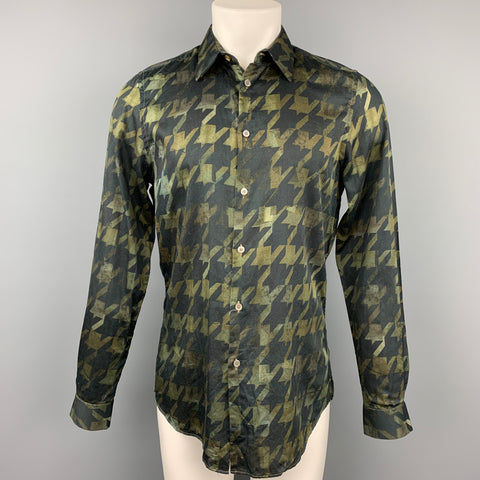 PAUL SMITH Size M Olive & Black Houndstooth Cotton Button Up Long Sleeve Shirt