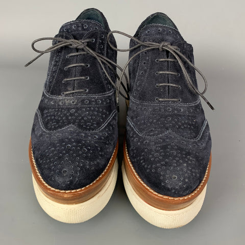 MIU MIU Size 8.5 Navy & Brown Suede Oxford Wedge Laces