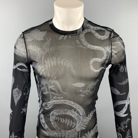 JUST CAVALLI Size S Black & White Print Polyamide Crew-Neck Pullover