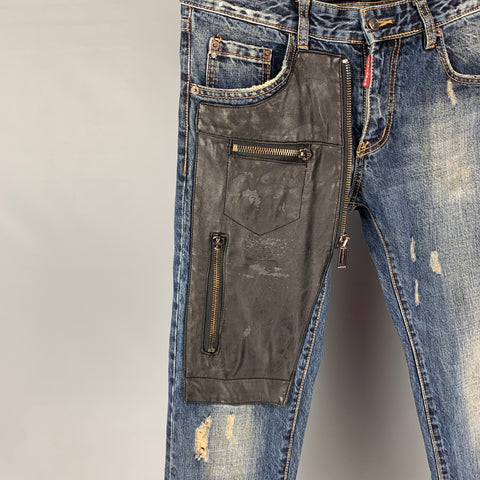 DSQUARED2 Size 32 Blue Black Distressed Cotton Skinny Slim Jeans