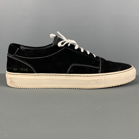 COMMON PROJECTS Size 11 Black Stitched Suede Low Top Sneakers