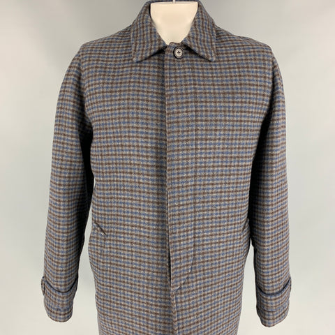 PRADA Size 44 Grey & Blue Checkered Wool Hidden Placket Coat