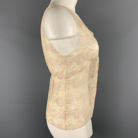 CHANEL Size 10 Beige Lace Glitter CC Pink Patch Cruise 2004 Top