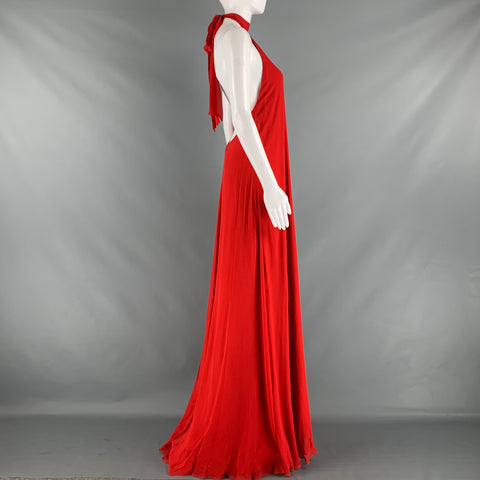 HALSTON Size 10 Red Silk Halter Long Gown