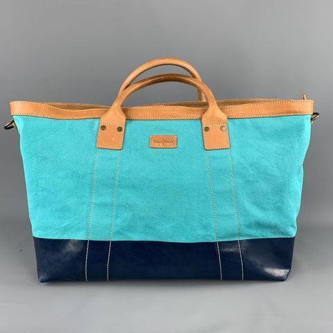 COLE HAAN Aqua & Navy Canvas Leather Two Tone Tote Bag
