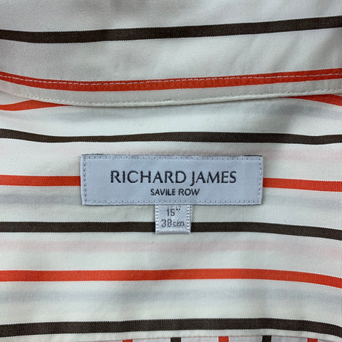 RICHARD JAMES Savile Row Size S White & Brown Stripe Cotton Button Up Long Sleeve Shirt