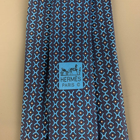 HERMES 5366 OA Navy Blue Abstract Silk Tie