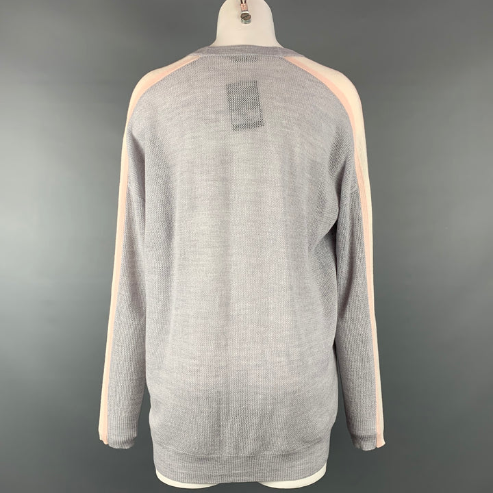 ATM Taille M Cardigan boutonné en laine tricotée gris clair et blanc