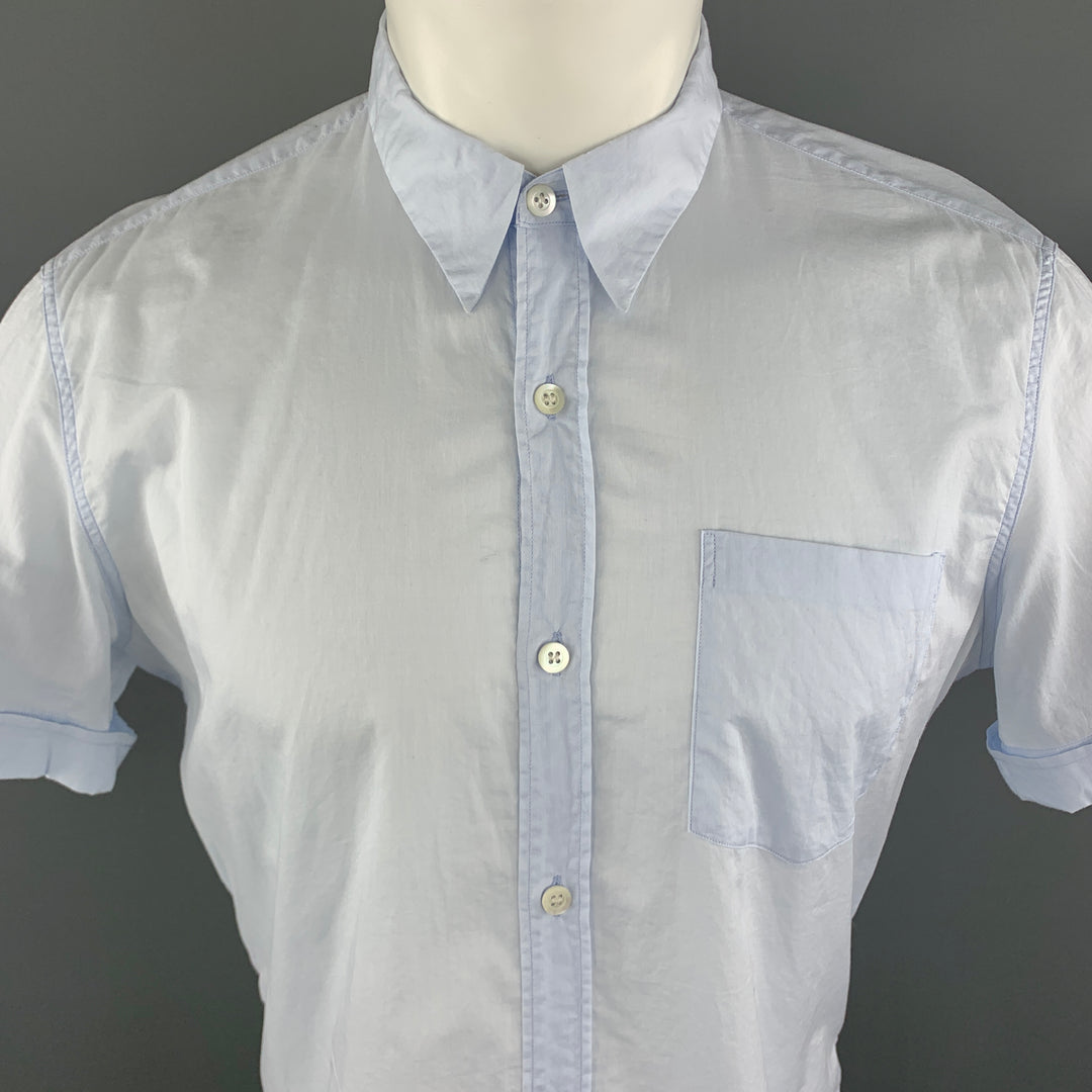 DRIES VAN NOTEN Taille M Chemise à manches courtes en coton bleu clair boutonnée avec poche plaquée et revers