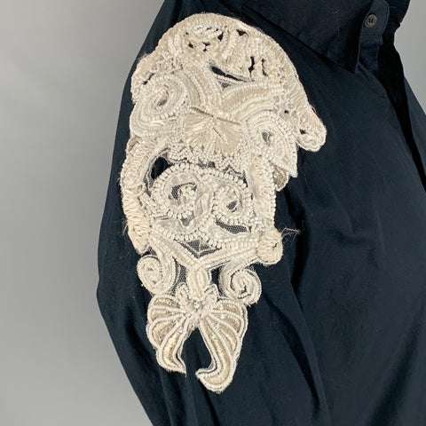 JUST CAVALLI Size M Black White Beaded Cotton Embroidered Long Sleeve Shirt