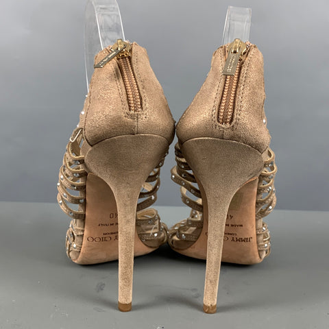 JIMMY CHOO Talla 10 Sandalias tobilleras con pedrería de ante dorado beige