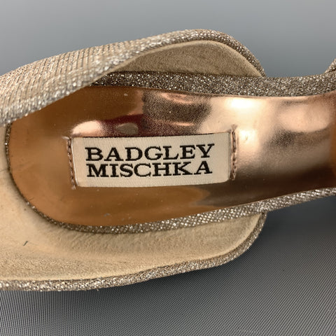 BADGLEY MISCHKA Size 8 Silver Metallic Beige Fabric Rhinestone Buckle D'orsay Pumps