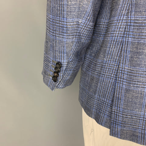 KITON Size 46 Grey Blue Plaid Cashmere Blend Notch Lapel Sport Coat