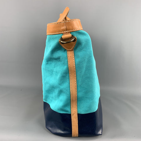 COLE HAAN Aqua & Navy Canvas Leather Two Tone Tote Bag