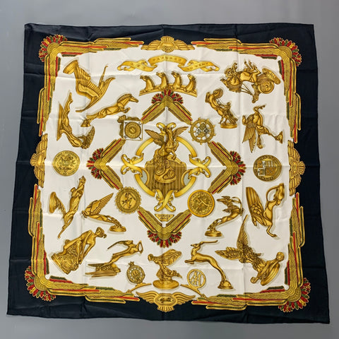 HERMES Gold White Blue Silk Twill Scarf