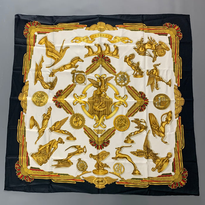 HERMES Gold White Blue Silk Twill Scarf