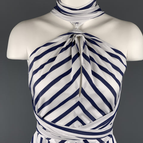 CAROLINA HERRERA Size 0 White & Bllue Striped Cotton Gathered Halter Sun Dress