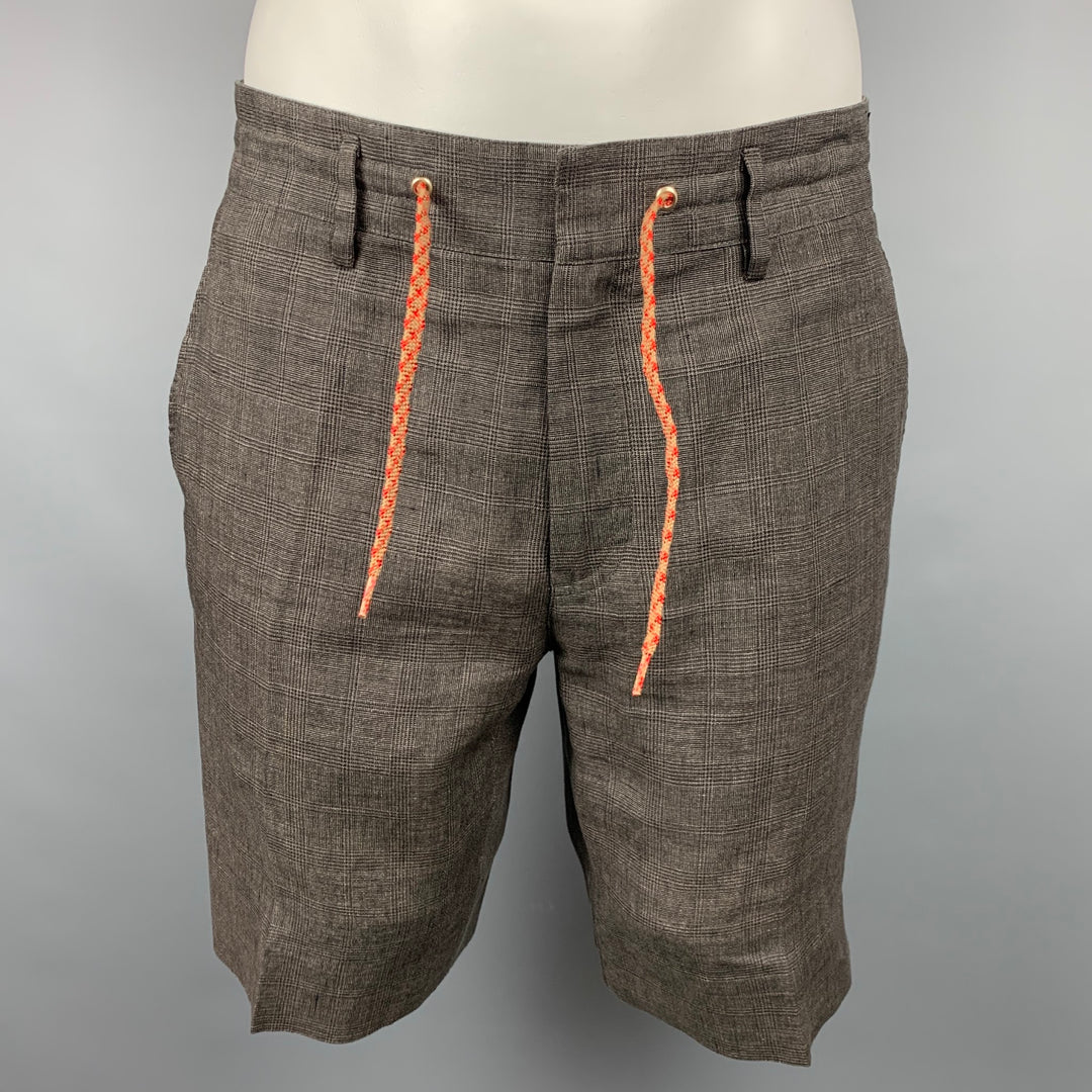 MARC JACOBS Size 32 Brown & Black Plaid Linen Blend Drawstring Shorts