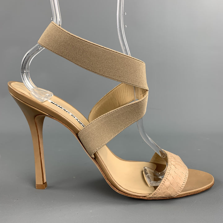MANOLO BLAHNIK Size 10 Beige Snakeskin Strap Heel Sandals