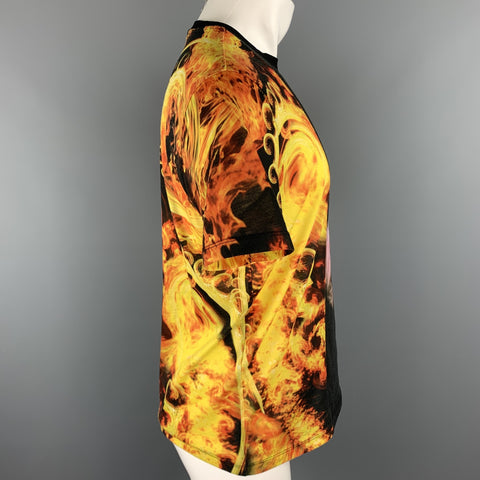 GIVENCHY "Madonna in Flames" Size XS Black & Yellow Flames Polyester Crew-Neck T-shirt