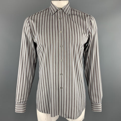 PRADA Taille L Chemise à manches longues en coton à rayures gris marron vert et violet