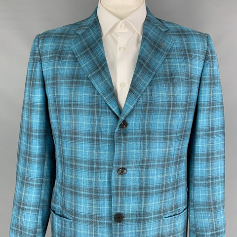 KITON Size 44 Aqua Grey Plaid Cashmere Blend Notch Lapel Sport Coat
