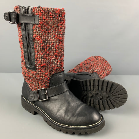 CHANEL Talla 8 Botas sin cordones de materiales mixtos de tweed burdeos negro