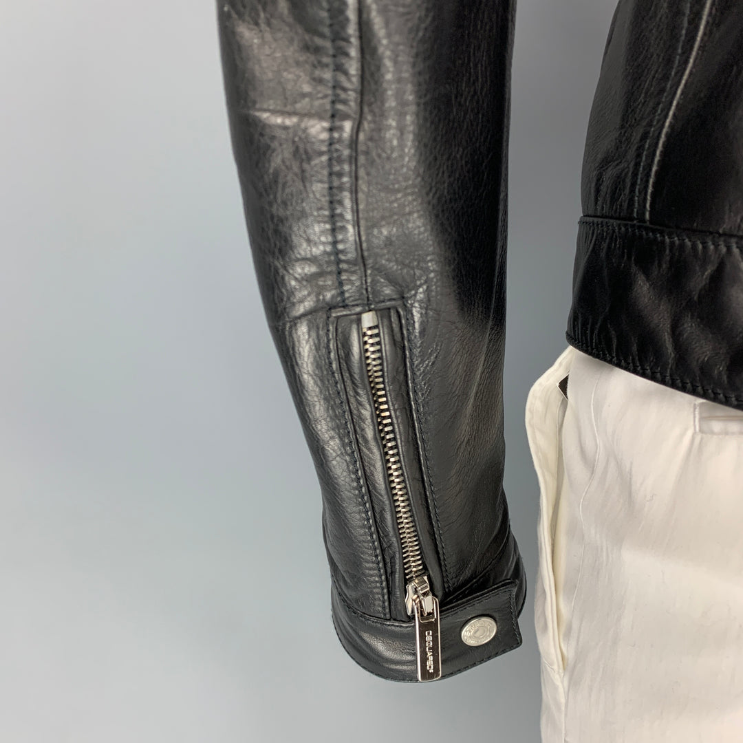 DSQUARED2 Size 42 Black Leather Multi-Pockets Zip Up Jacket