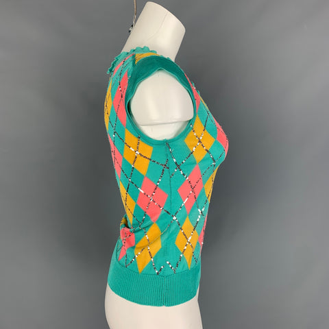 Iisli Size S Turquoise, Yellow & Orange Argyle Rayon Sleeveless Pullover