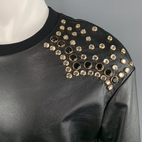 JUST CAVALLI Size XS Black Rhinestone Studded Coated Cotton Crew-Neck Sweatshirt