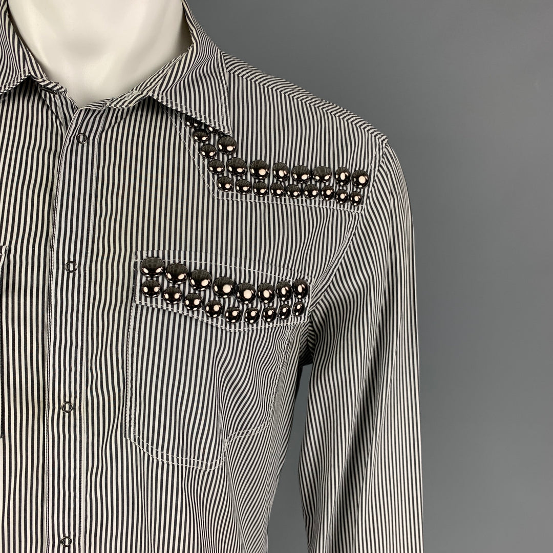 PIERRE BALMAIN Talla M Camisa de manga larga de algodón con rayas plateadas, blancas y negras