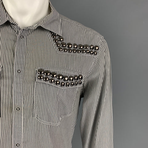 PIERRE BALMAIN Size M Black White Silver Stripe Cotton Long Sleeve Shirt