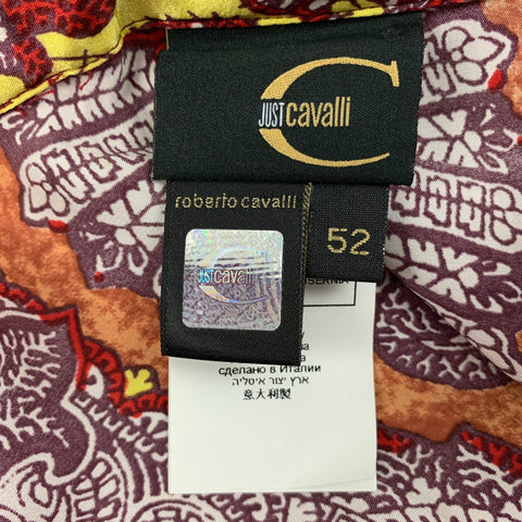 JUST CAVALLI Size L Burgundy & Brown Print Silk Button Up Long Sleeve Shirt