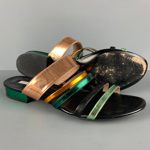 DRIES VAN NOTEN Size 8.5 Black, Gold &  Green Patent Leather Flat Sandals