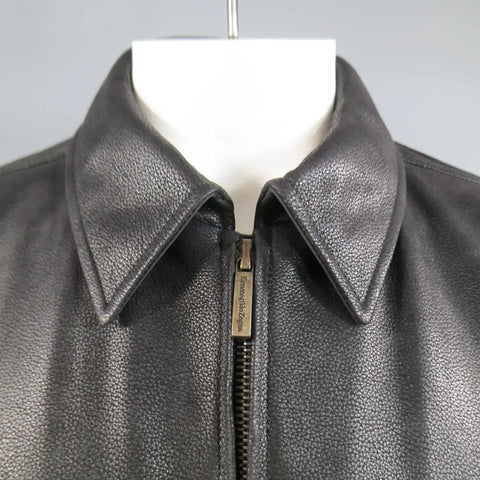 ERMENEGILDO ZEGNA 42 Black Pebbled Leather & Nylon Collared Coat ERMENEGILDO ZEGNA