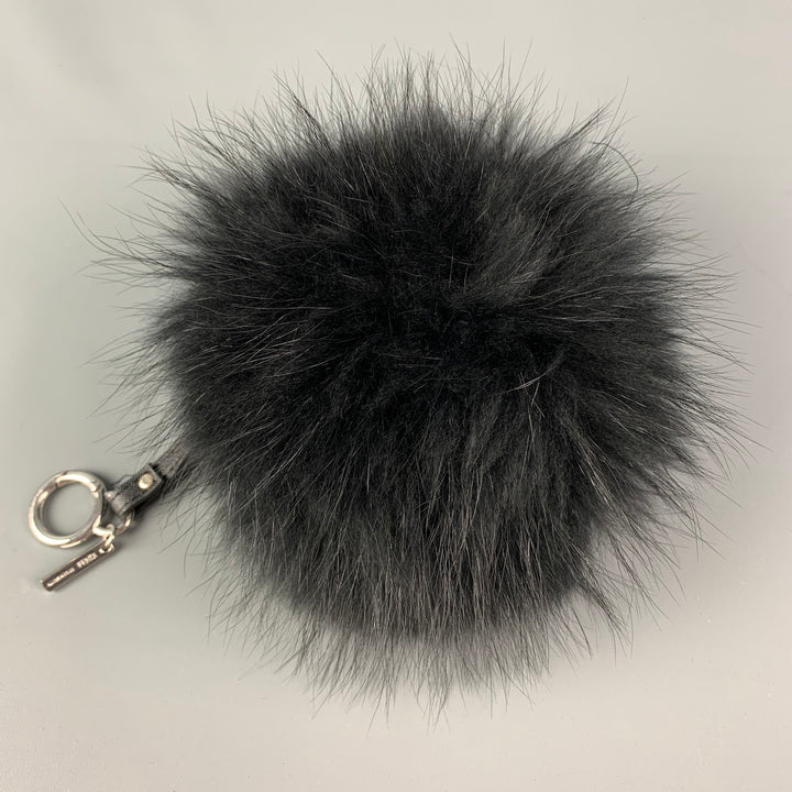FENDI Black Yellow Leather Fox Fur Bag Bug Charm Keyring