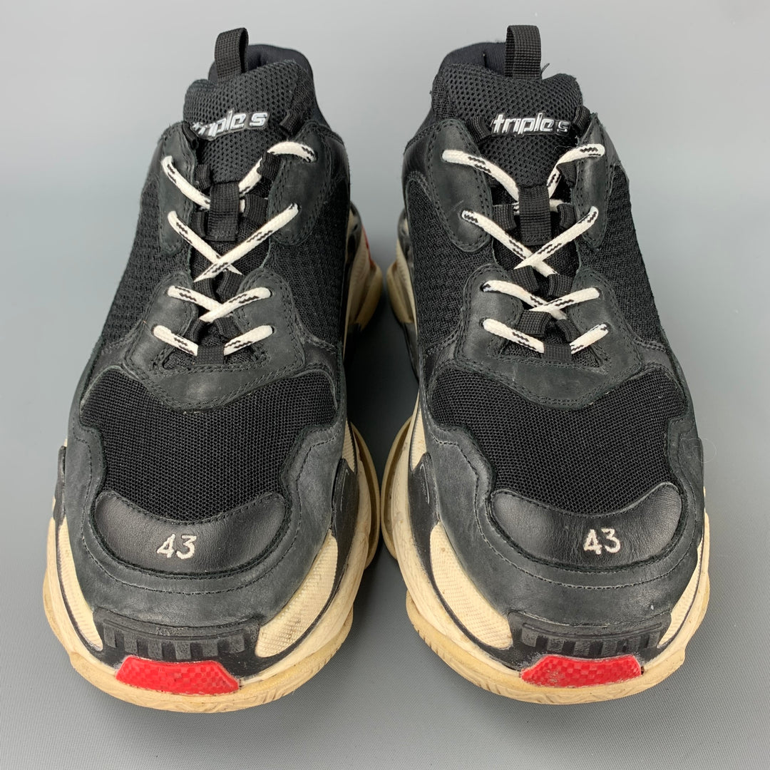 BALENCIAGA Triple S Size 10 Black Washed Mesh Lace Up Sneakers