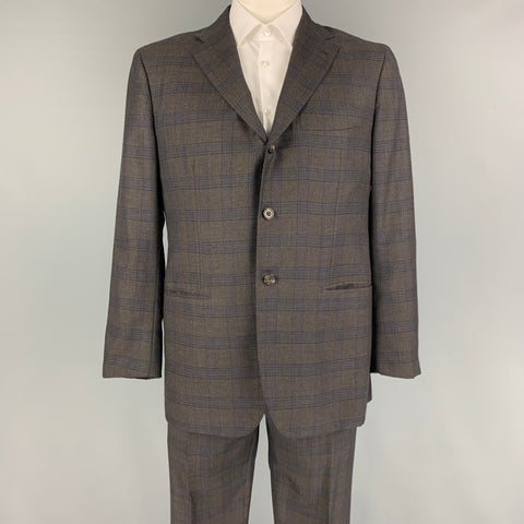 KITON Size 44 Brown Blue Plaid Cashmere Notch Lapel Suit