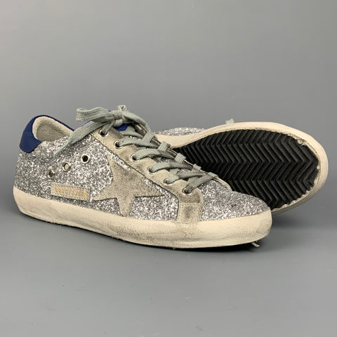 GOLDEN GOOSE 2019 Superstar Taille 8 Baskets basses à paillettes argentées et bleues