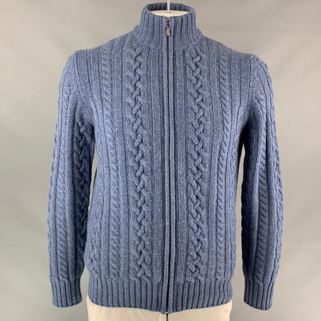 LORO PIANA Taille 42 Veste zippée en cachemire tricoté torsadé bleu