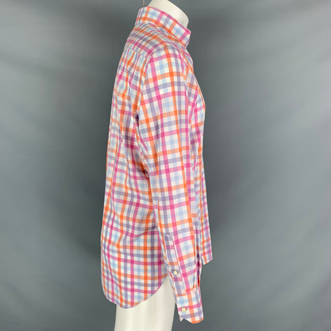 ETRO Size M Orange White Checkered Cotton Embroidered Long Sleeve Shirt